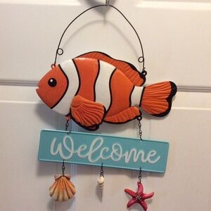 Hanging Metal Welcome Sign With Clown Fish and Seashells